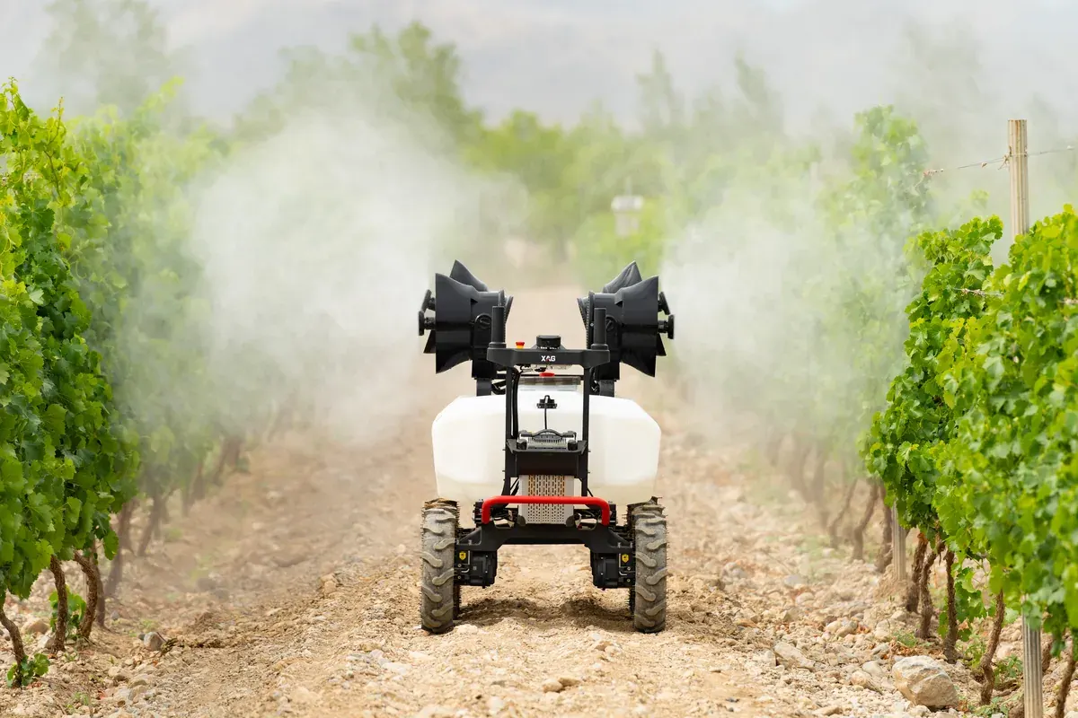 XAG R200 spraying a vineyard row